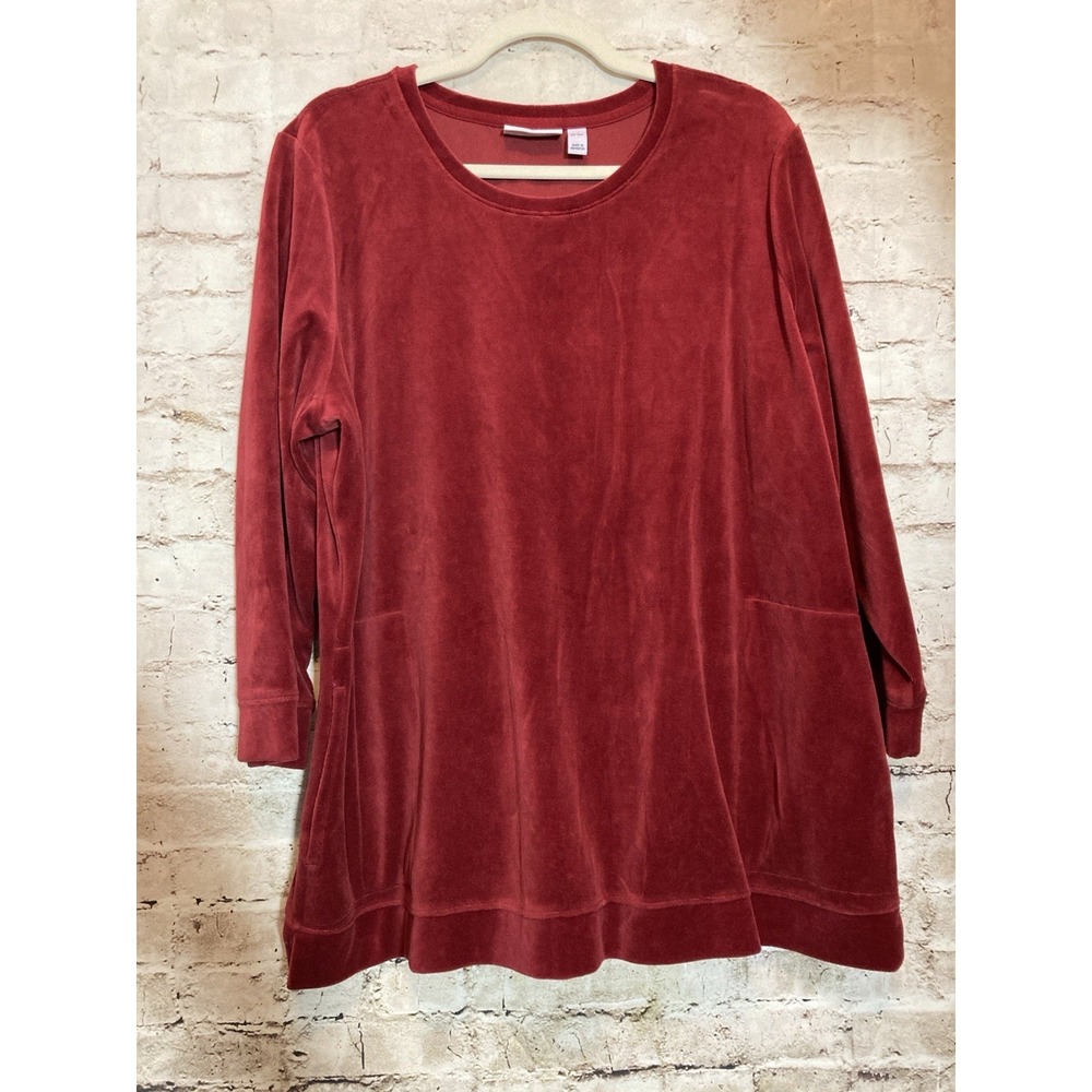D&Co.‎ Top XLP Red Velour Long Sleeve Tunic Pockets Holiday Pullover Stretch